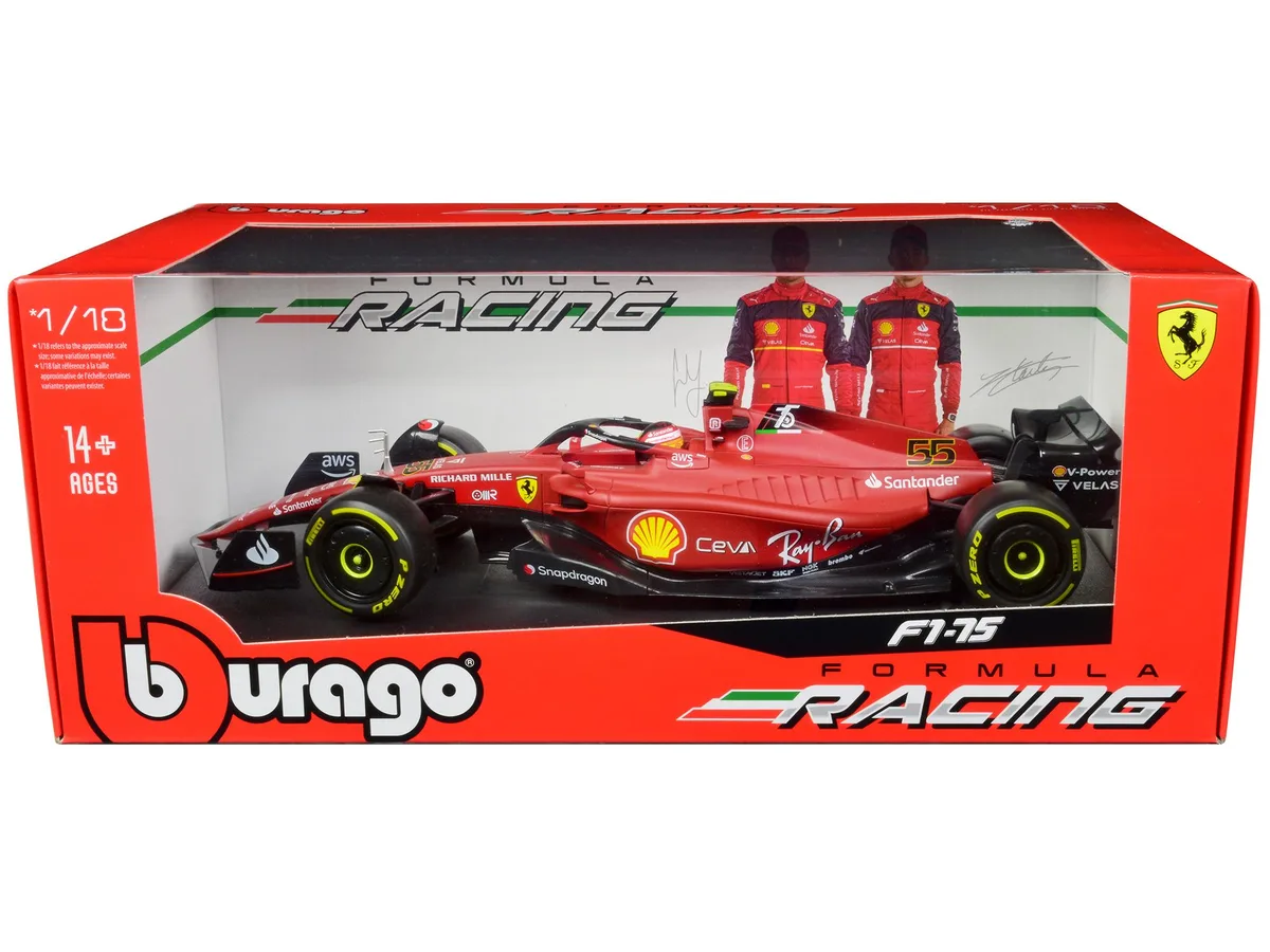 BBURAGO BBURAGO Ferrari F1-75 #55 Carlos Sainz 2022 1/18 Diecast hobby collectible — product photo