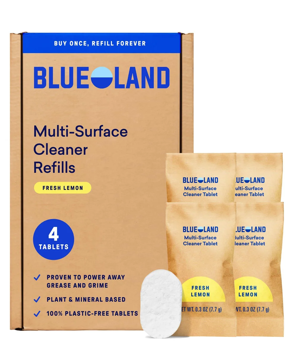 Four lemon-scented cleaning tablets in recyclable packaging