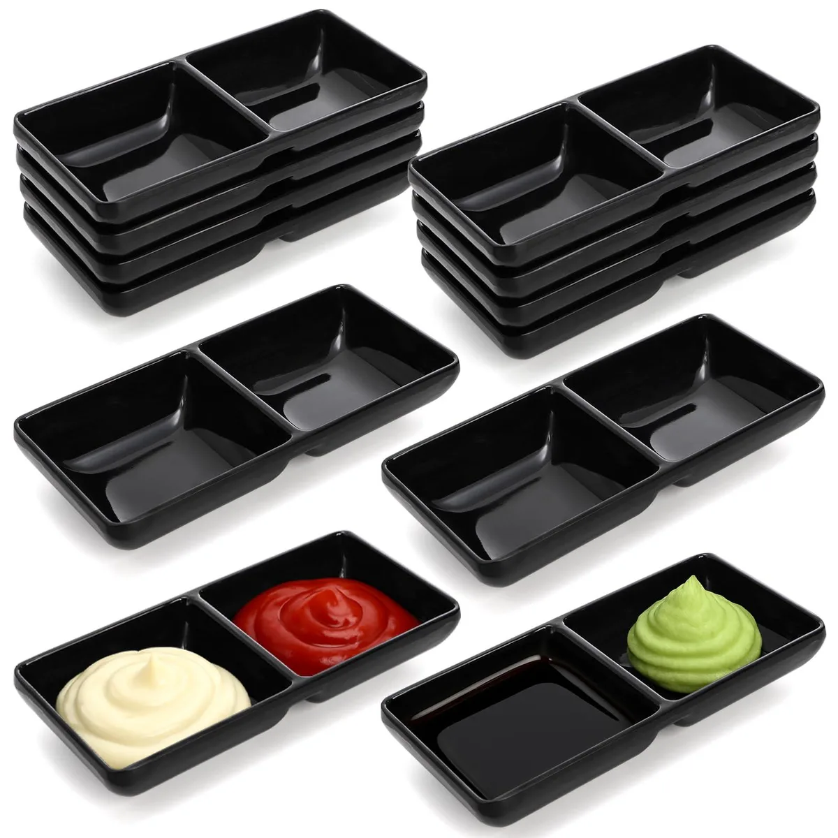 Twelve black melamine soy sauce dishes with two compartments each