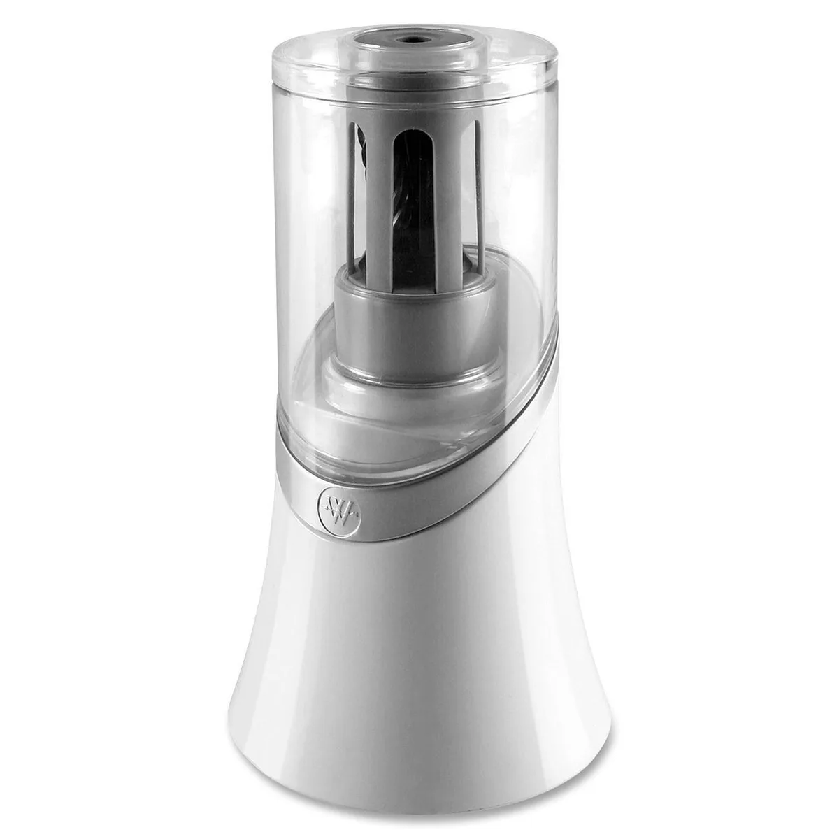 White electric pencil sharpener with silver accents, compact plastic body, large clear shavings reservoir