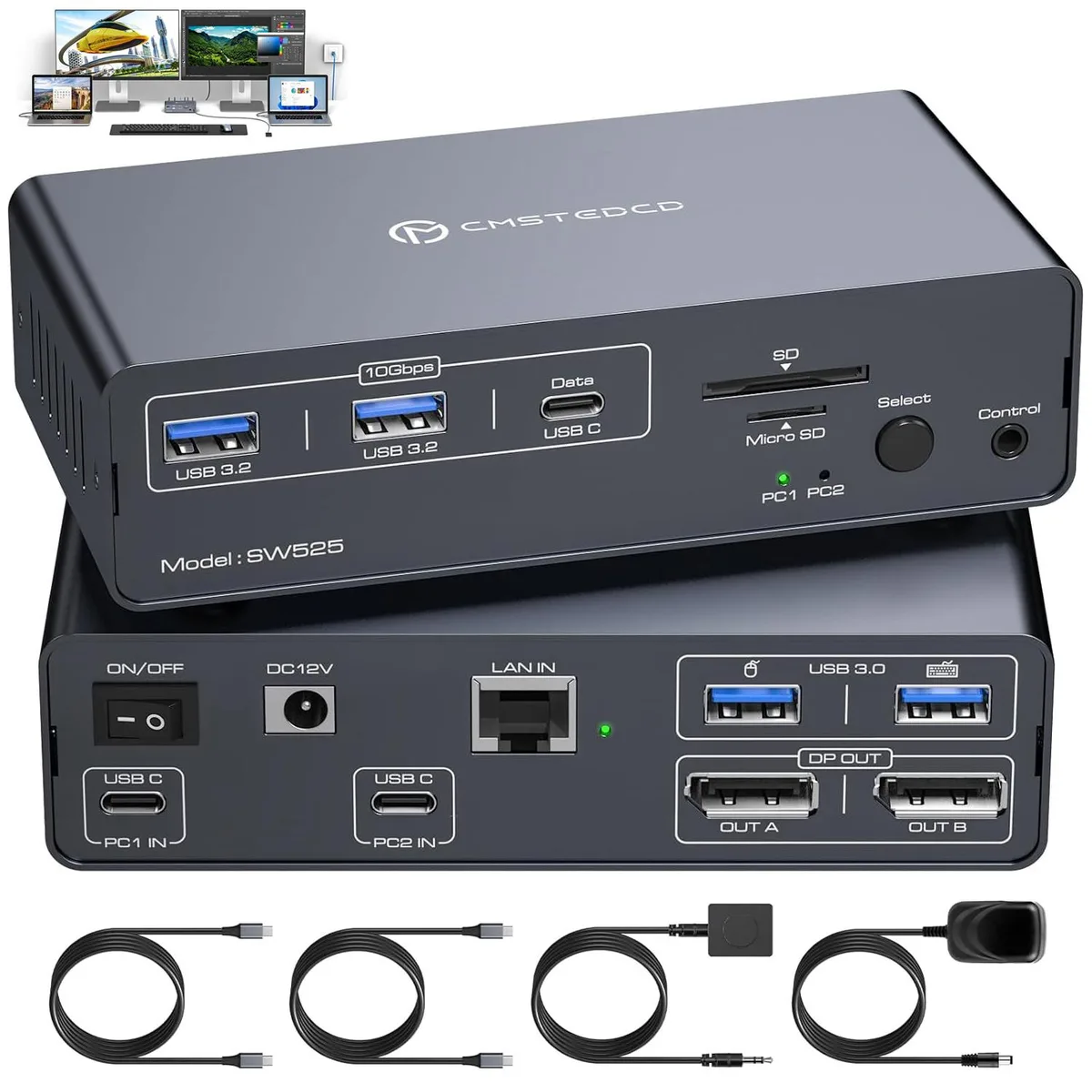 Hitoor Hitoor 4K 120Hz USB-C Docking Station KVM Switch 2 Monitors 2 Computers Wired Remote — product photo