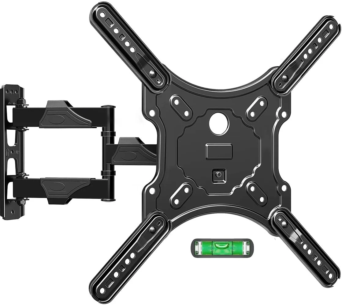 Black full-motion TV wall mount with 15.5 inch articulating arm extended from wall plate