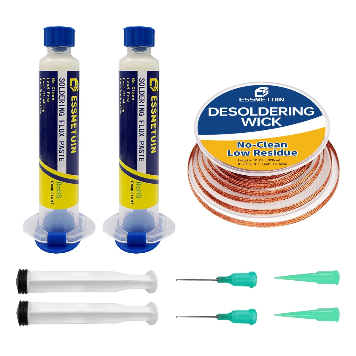 Two bottles of flux paste and a spool of solder wick