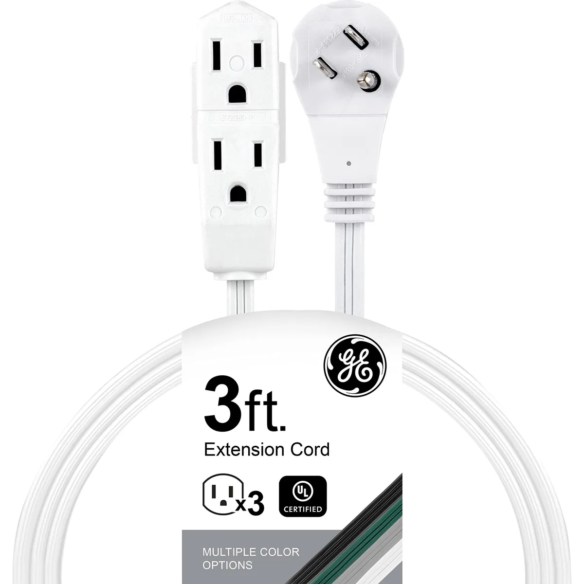  GE 69869 3-Outlet Flat Extension Cord 3ft White 16 Gauge 125V 20A UL Listed — product photo