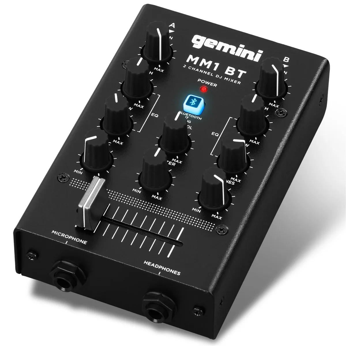 Numark MM1BT 2-channel DJ mixer with Bluetooth, RCA, mic, headphone, EQ, crossfader — product photo