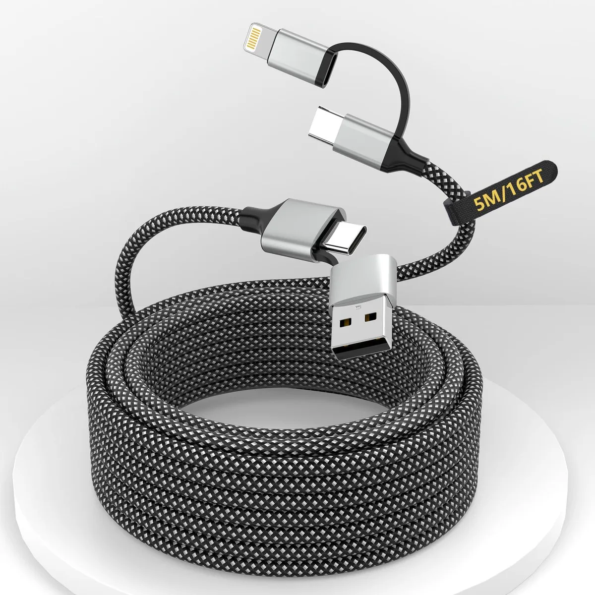 Orange 4-in-1 USB-C multi cable with quad-lock belt clip, 3 ft