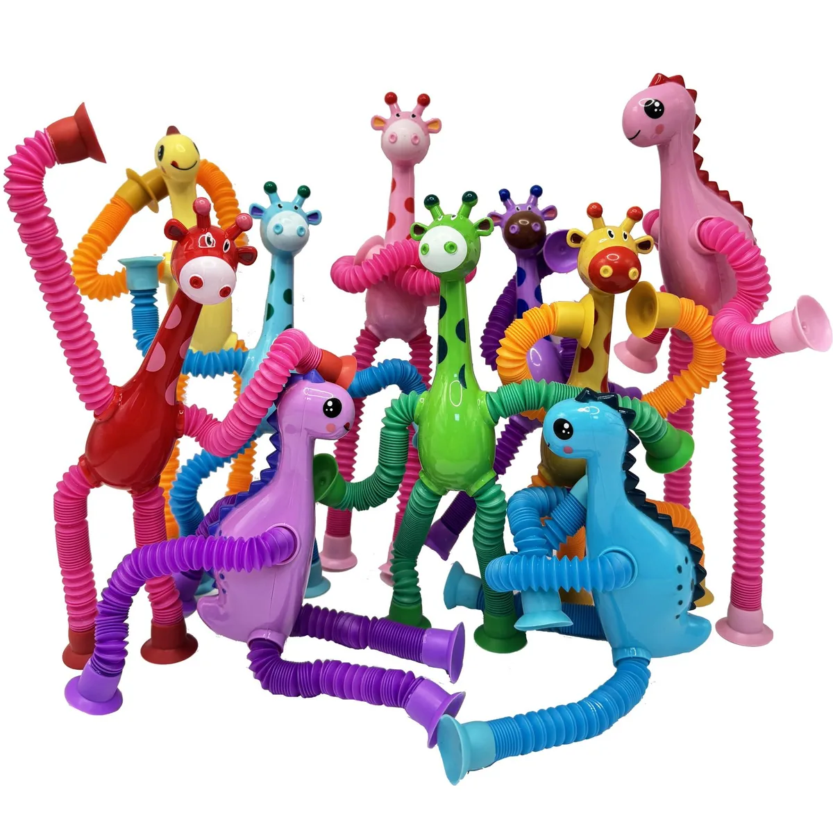 Ten telescopic suction-cup pop tubes in dinosaur and giraffe shapes, lightweight plastic finish