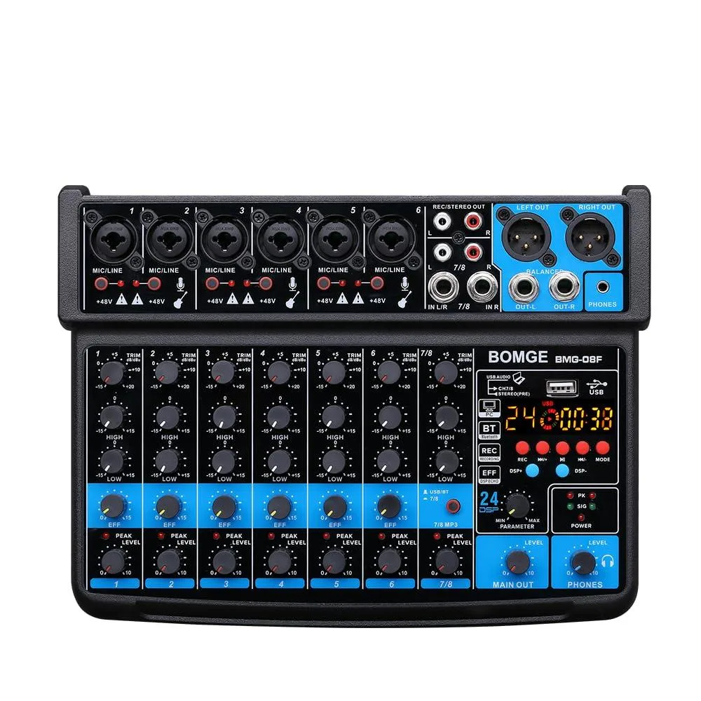  BOMGE 8-Channel Audio Mixer 24 DSP Bluetooth USB 48V Phantom Power (BLACK) — product photo
