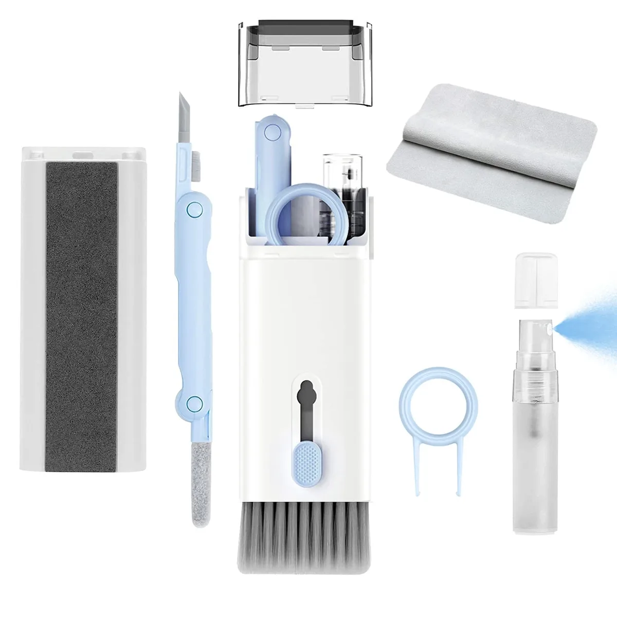 Blue rectangular cleaning kit with brush, pen, cloth and spray bottle
