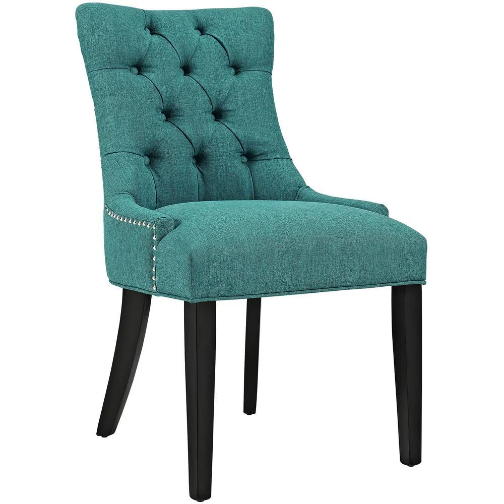 Teal fabric dining chair with tufted back, nailhead trim, and black rubberwood legs