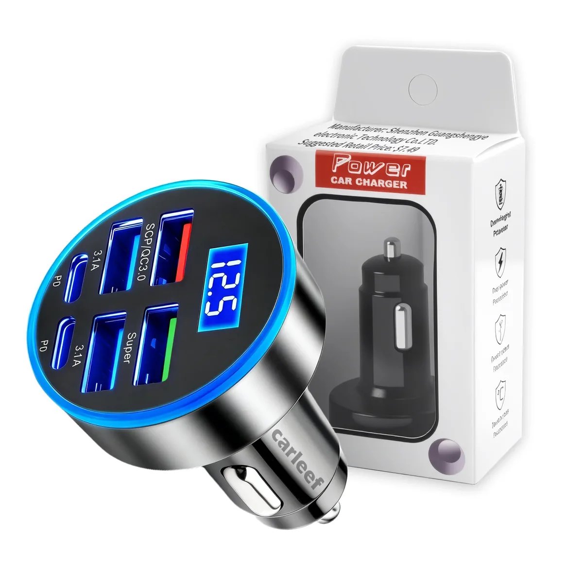 No Sew No Sew 6 Port Fast USB Car Charger PD QC3.0 LED Display 27W 12V 24V — product photo