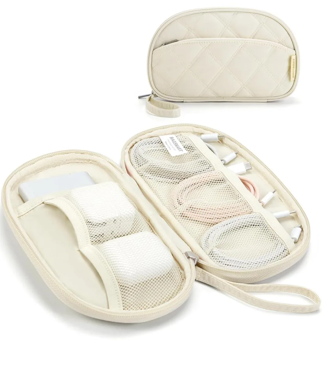 Rectangular beige polyester travel pouch with zipper and wrist strap
