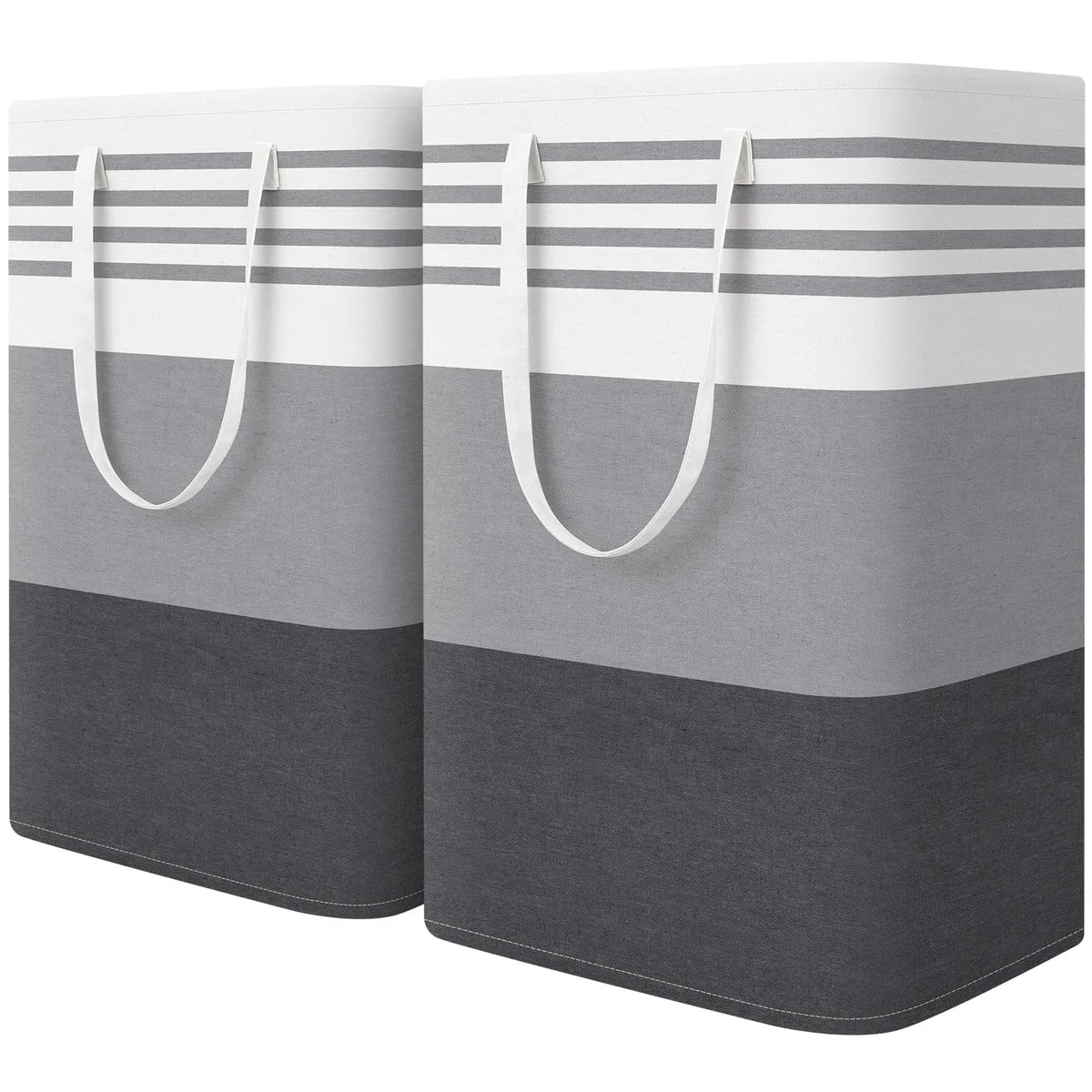 Two grey freestanding laundry hampers, 75L each, with reinforced handles and cross stitching