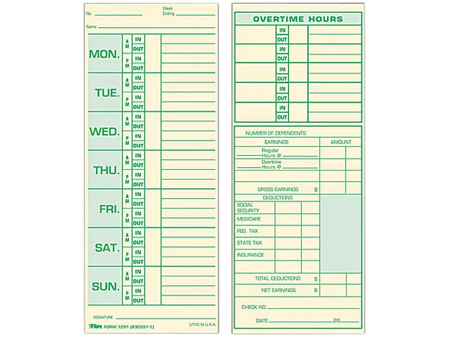 TOPS TOPS 1291 Time Cards Weekly 331-10 500/Box — product photo