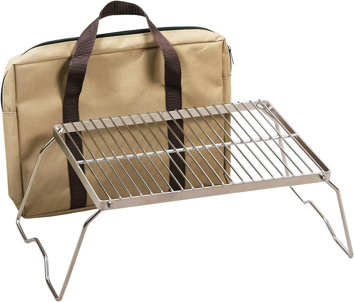 Folding stainless steel campfire grill with angled legs and carry bag
