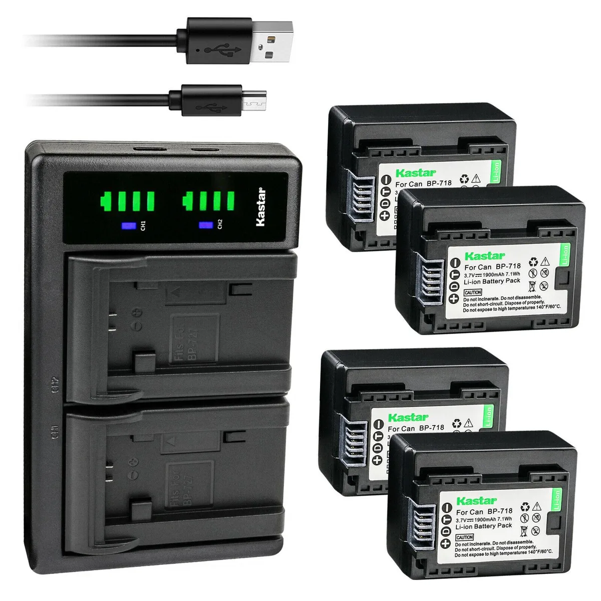 Kastar Kastar BP-718 4-pack battery and LTD2 USB charger for Canon VIXIA HF R80 R82 R300 R400 R500 R600 — product photo