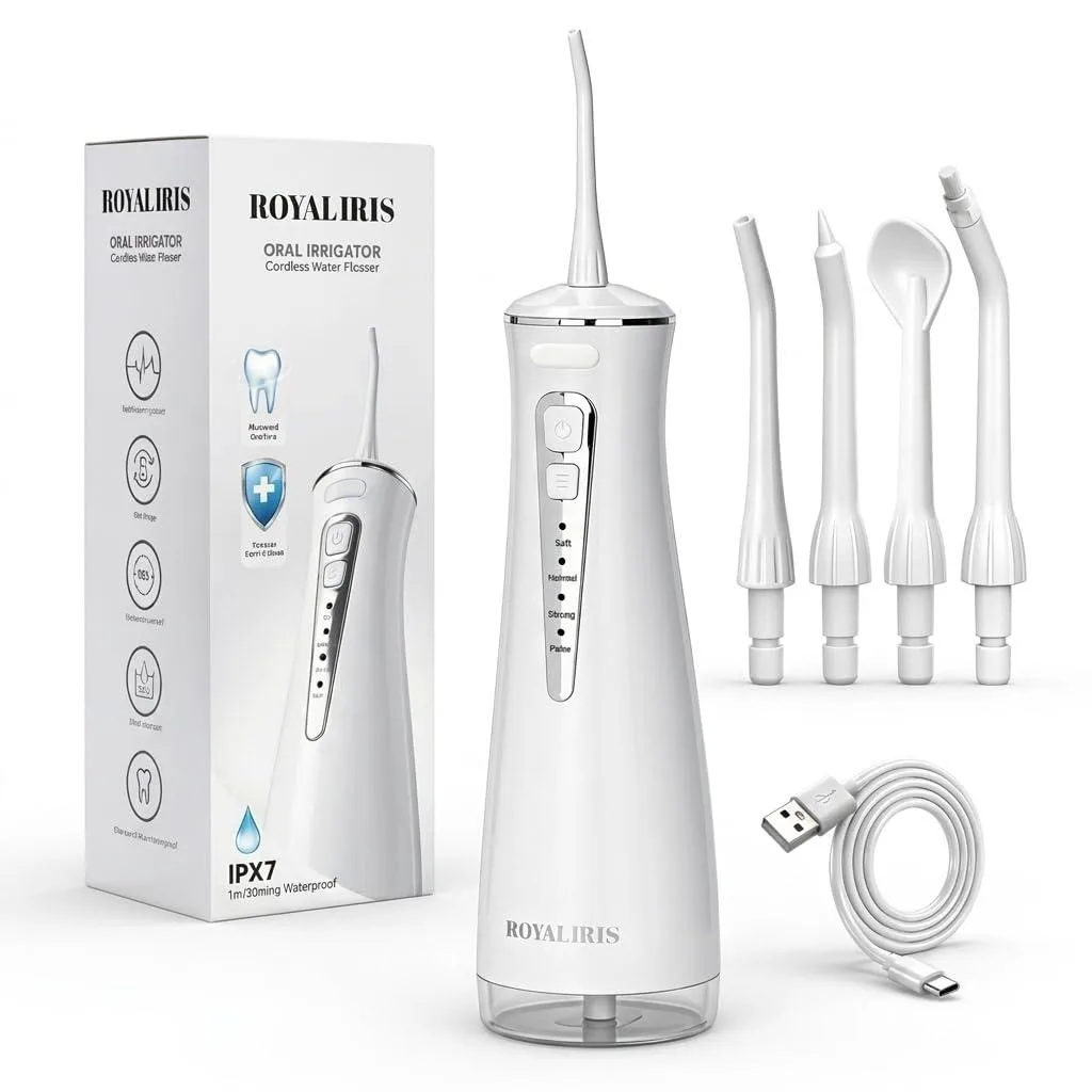 White cordless water flosser with 300ml tank and flip-open lid