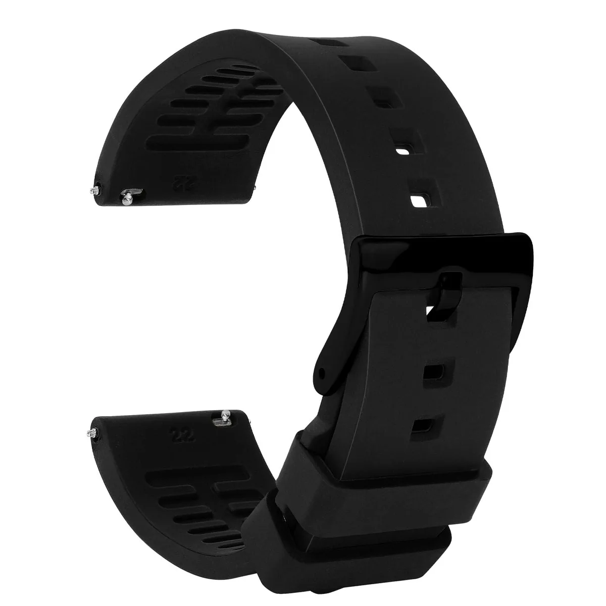 Black 22mm silicone watch band with curved ends and black clasp