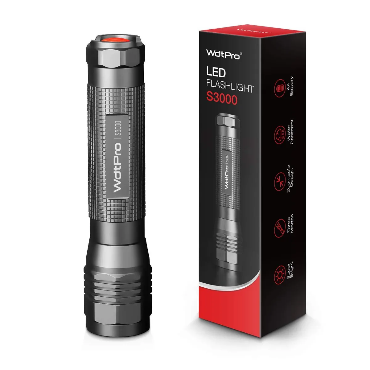 Black cylindrical aluminium flashlight, 7.37 inches long, zoomable head, IP67 rated