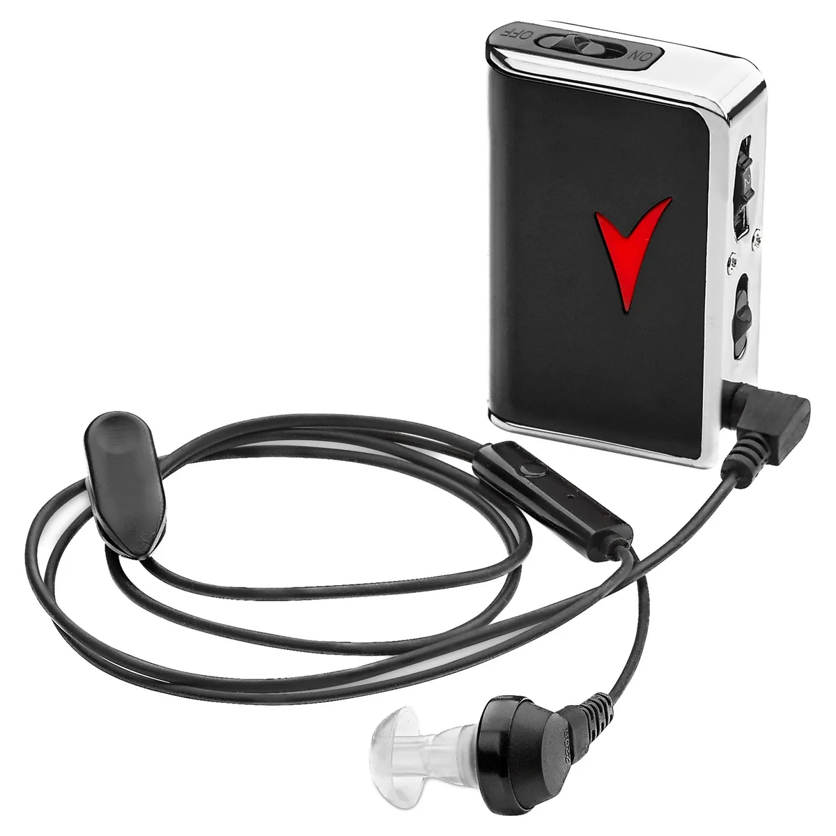Black pocket sound amplifier with belt clip and earbuds