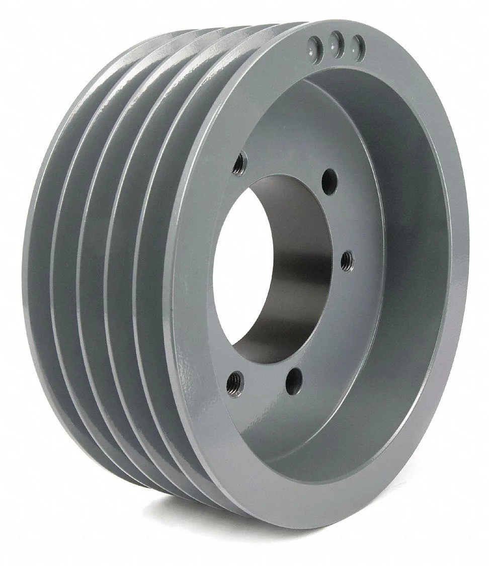 A metallic V-belt pulley with five grooves and a tapered bushing bore