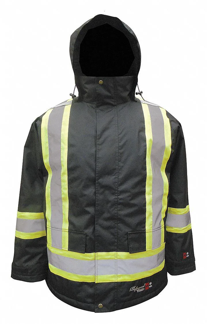 Black insulated rain parka with detachable hood, reflective chest straps, heavy-duty zipper and storm flap