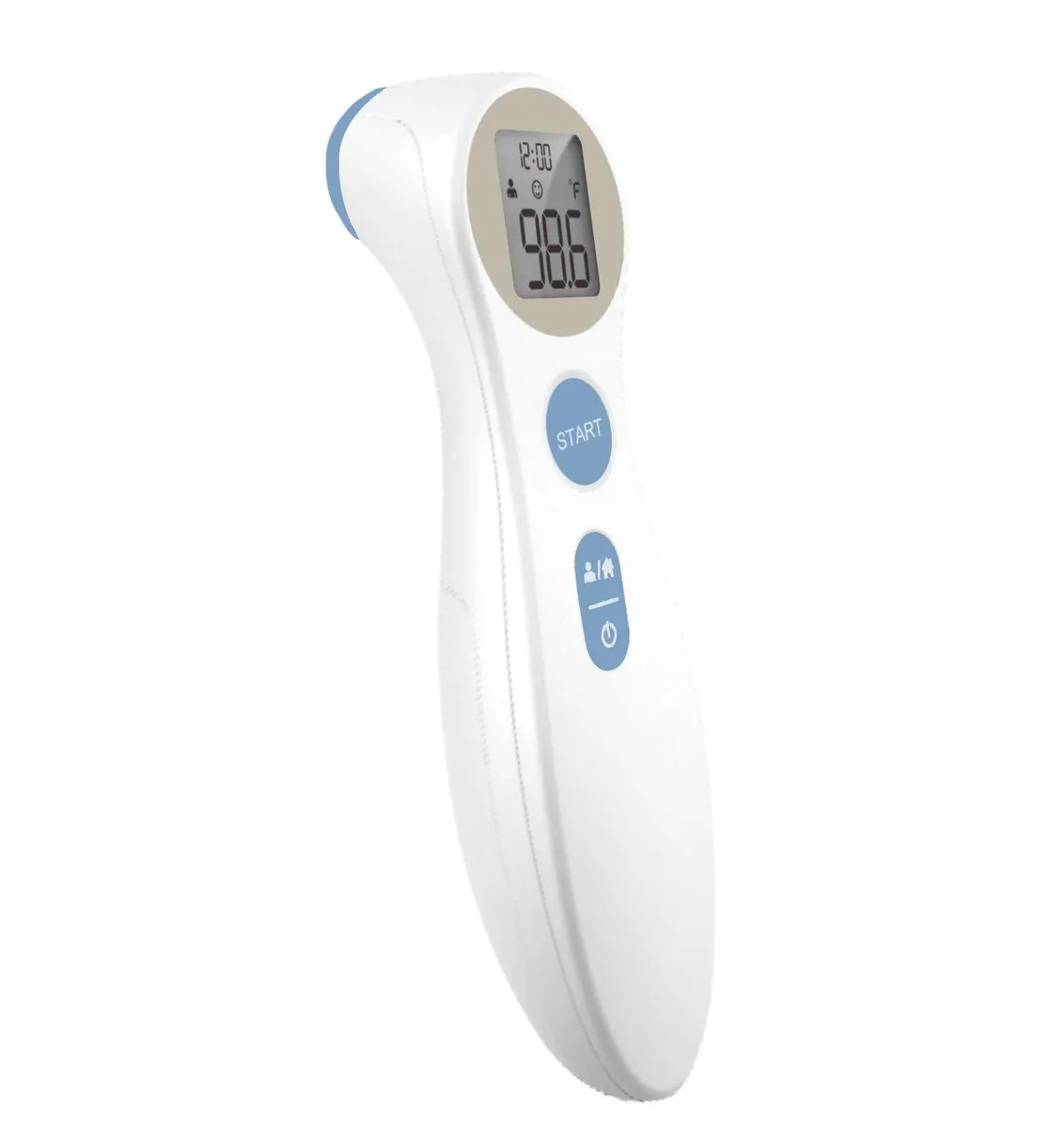 White handheld forehead thermometer, compact rectangular shape with smooth matte finish