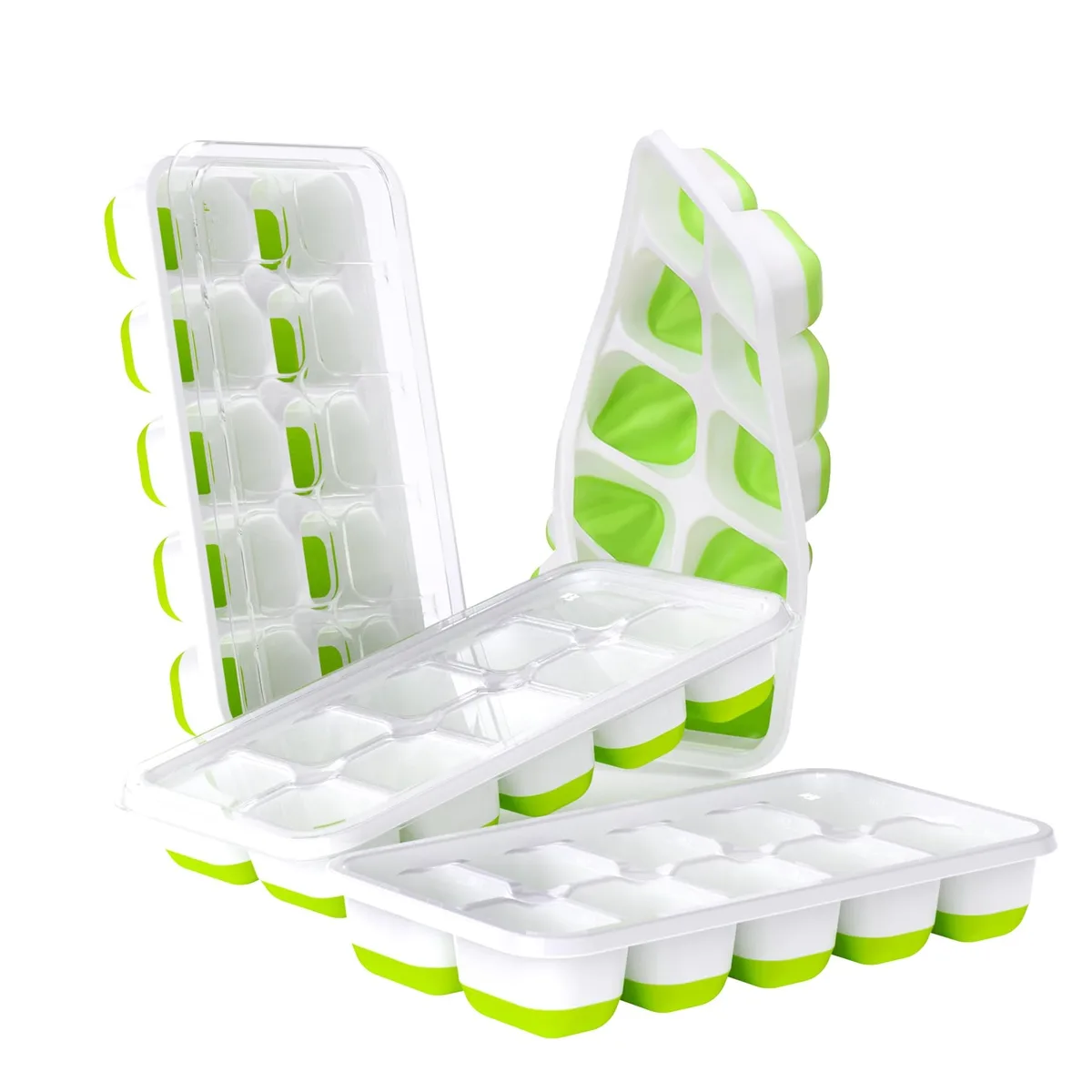 Four black square silicone ice trays with lids, stackable, 1.7 by 1.2 by 1 inch cubes