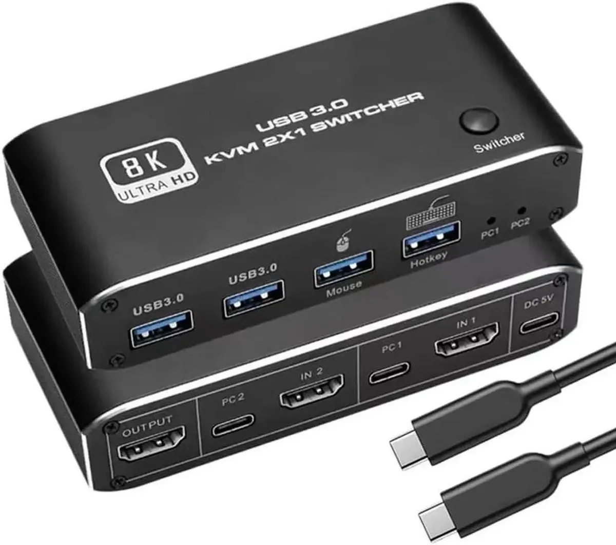 Vszerda Vszerda 8K HDMI 2.1 KVM Switch 2 In 1 Out For 2 PC Share 1 Monitor One Keyboard Mouse Two USB 3.0 Ports — product photo