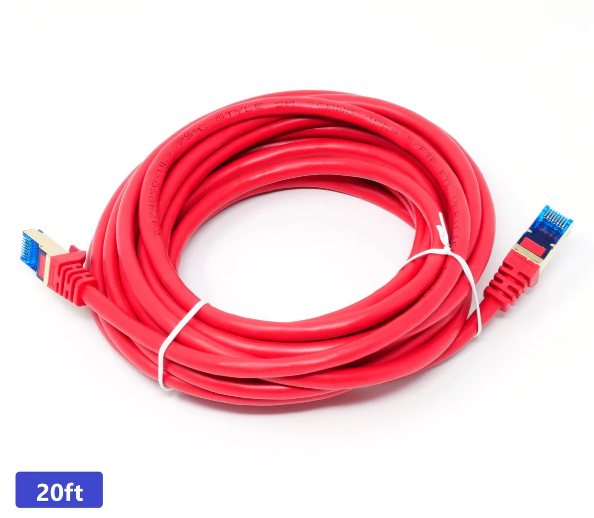 Red round Cat 7 Ethernet cable with RJ45 connectors, 20 ft length