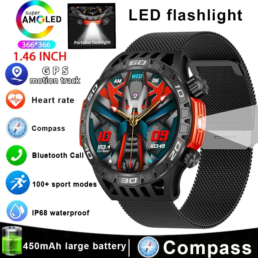 Round black alloy smartwatch with stainless steel link bracelet and 1.46 AMOLED display