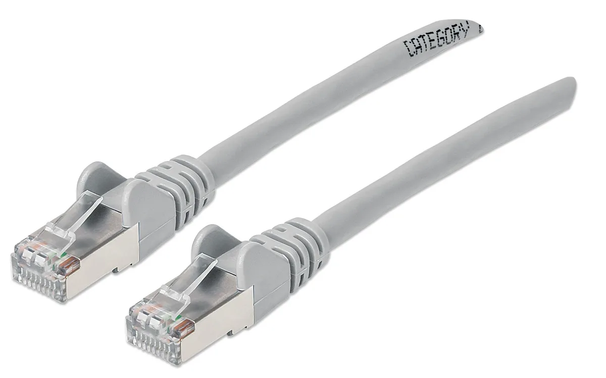 Gray Cat6a S/FTP patch cable with RJ45 connectors, 7 ft length, snag-free boots