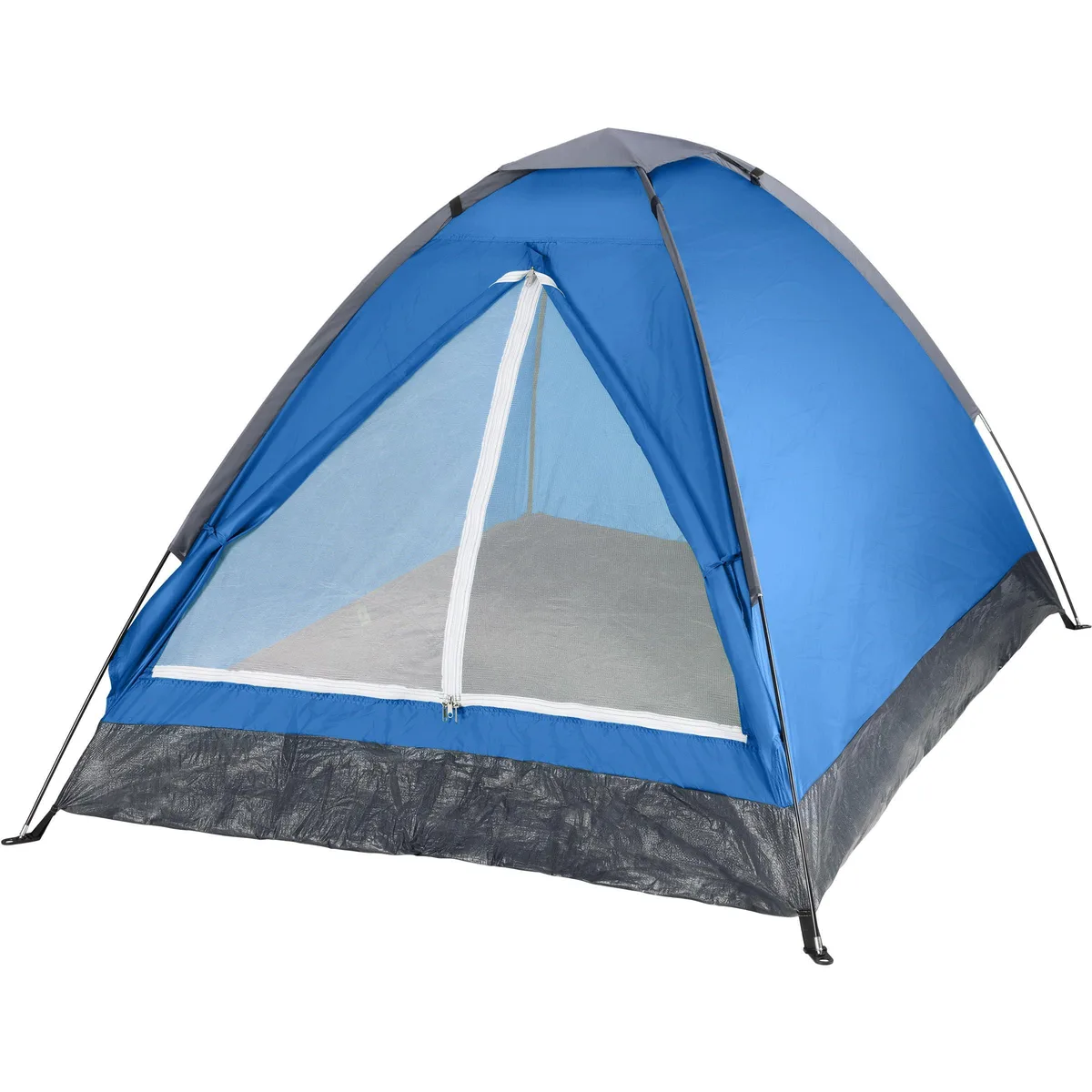 Blue two-person dome tent with rain fly and carry bag