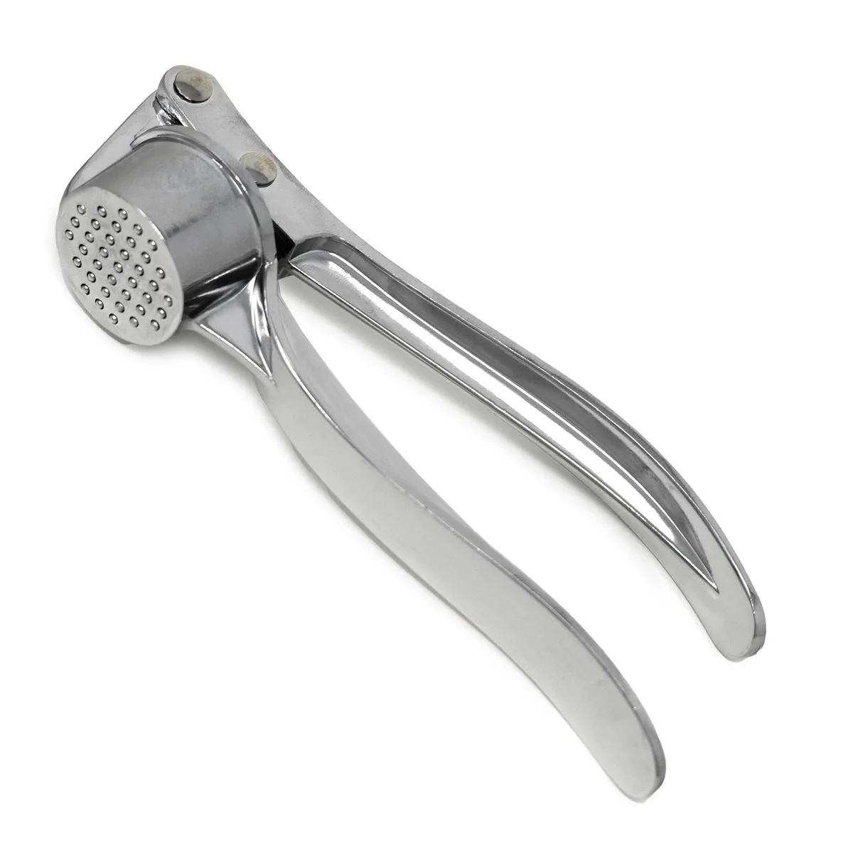 Silver zinc garlic press with curved handles and perforated chamber, 0.35 lbs