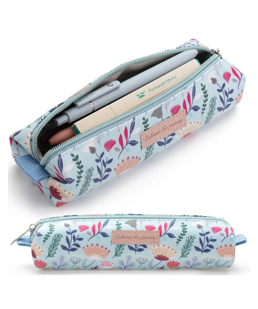 Beige floral canvas pencil case with zipper closure
