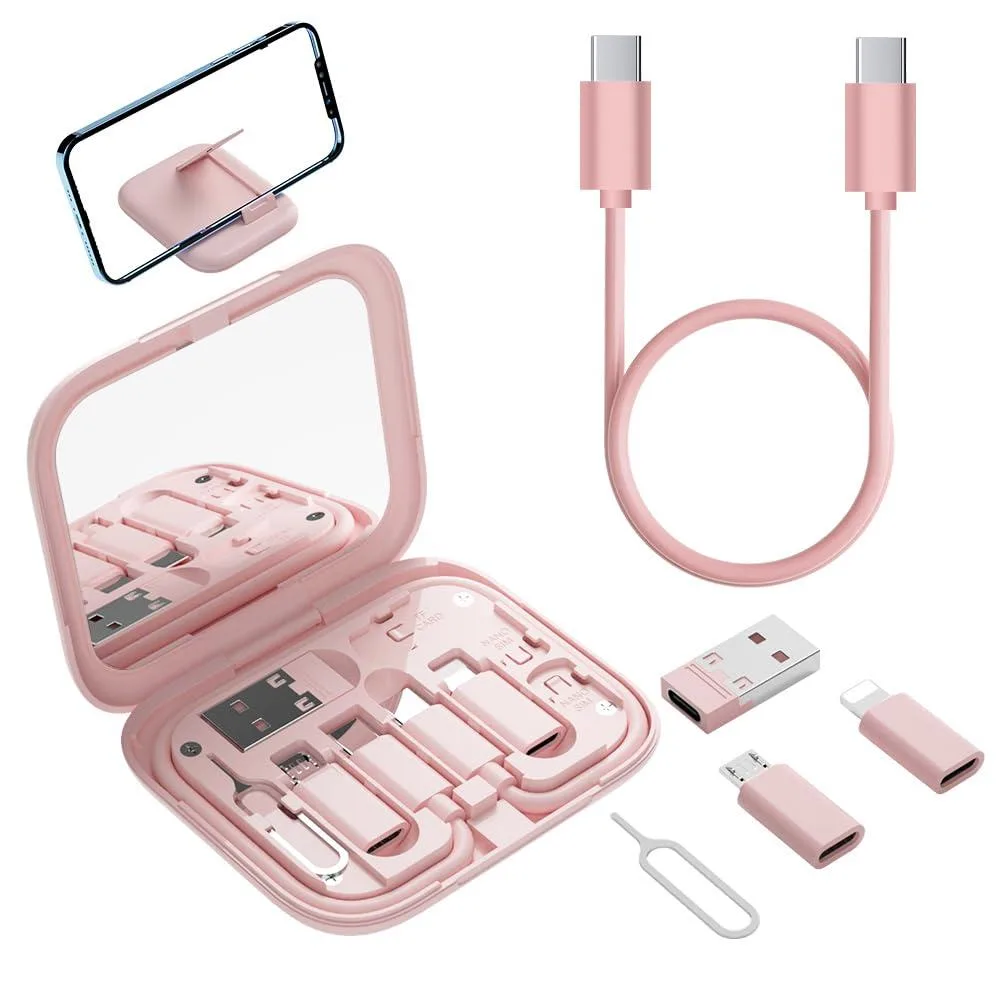 Pink rectangular USB-C adapter case with mirror lid, 12 inch cable and SIM tool inside