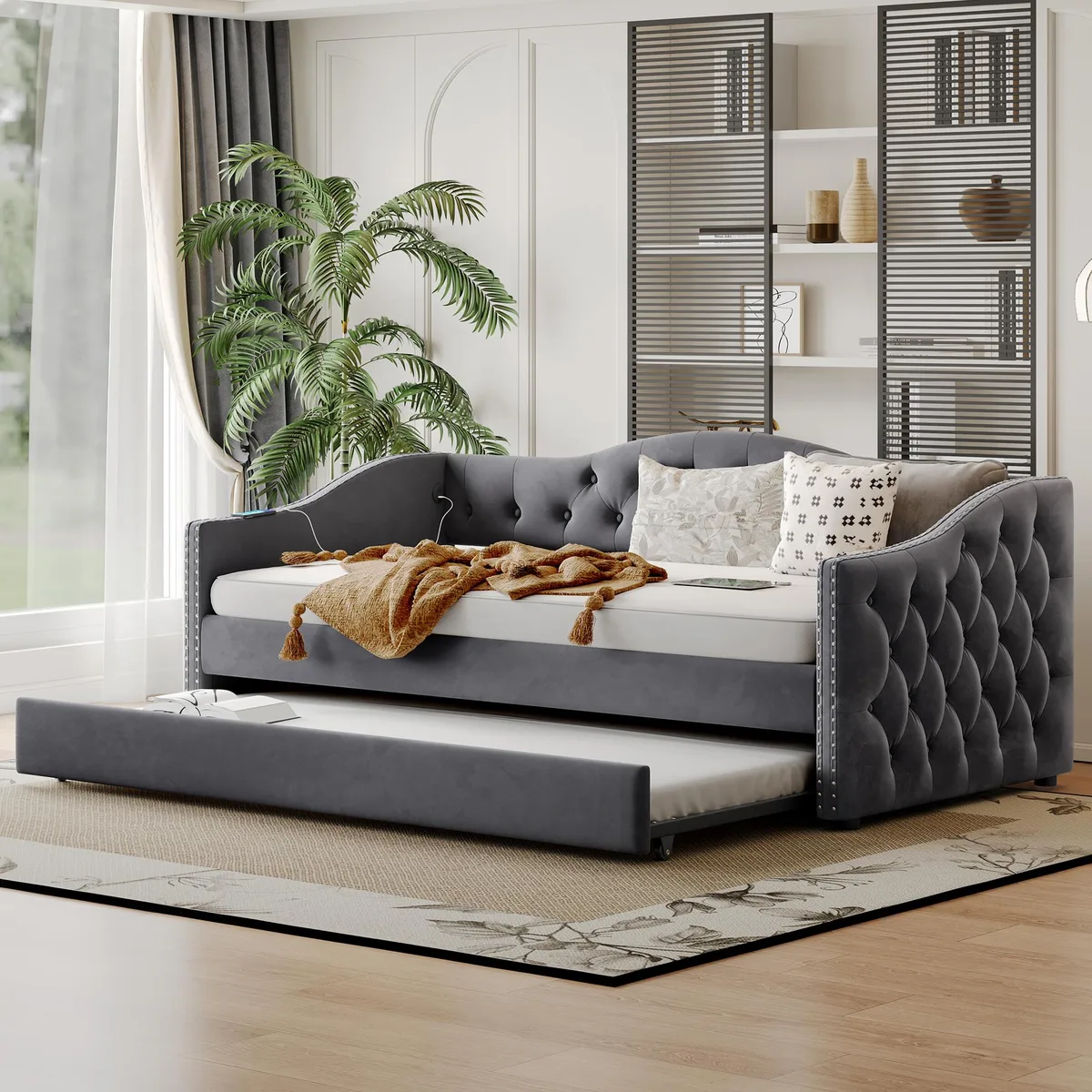 tuphen tuphen Twin Upholstered Daybed with Trundle & USB Velvet Gray — product photo