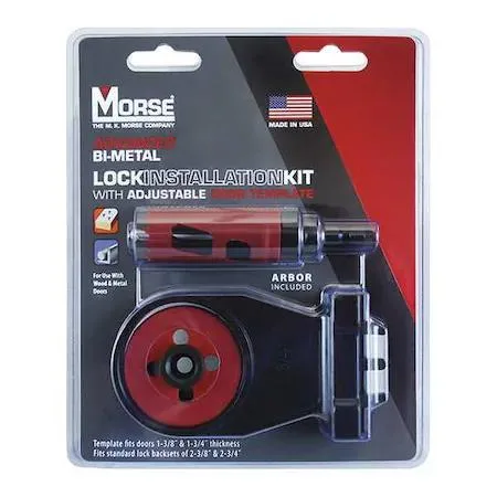 Five-piece lock installation kit with two hole saws, arbor, adaptor nut and adjustable door template