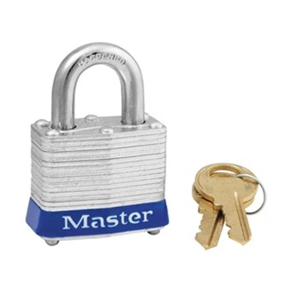 Blue laminated steel lockout padlock, open shackle, keyed alike, pack of three