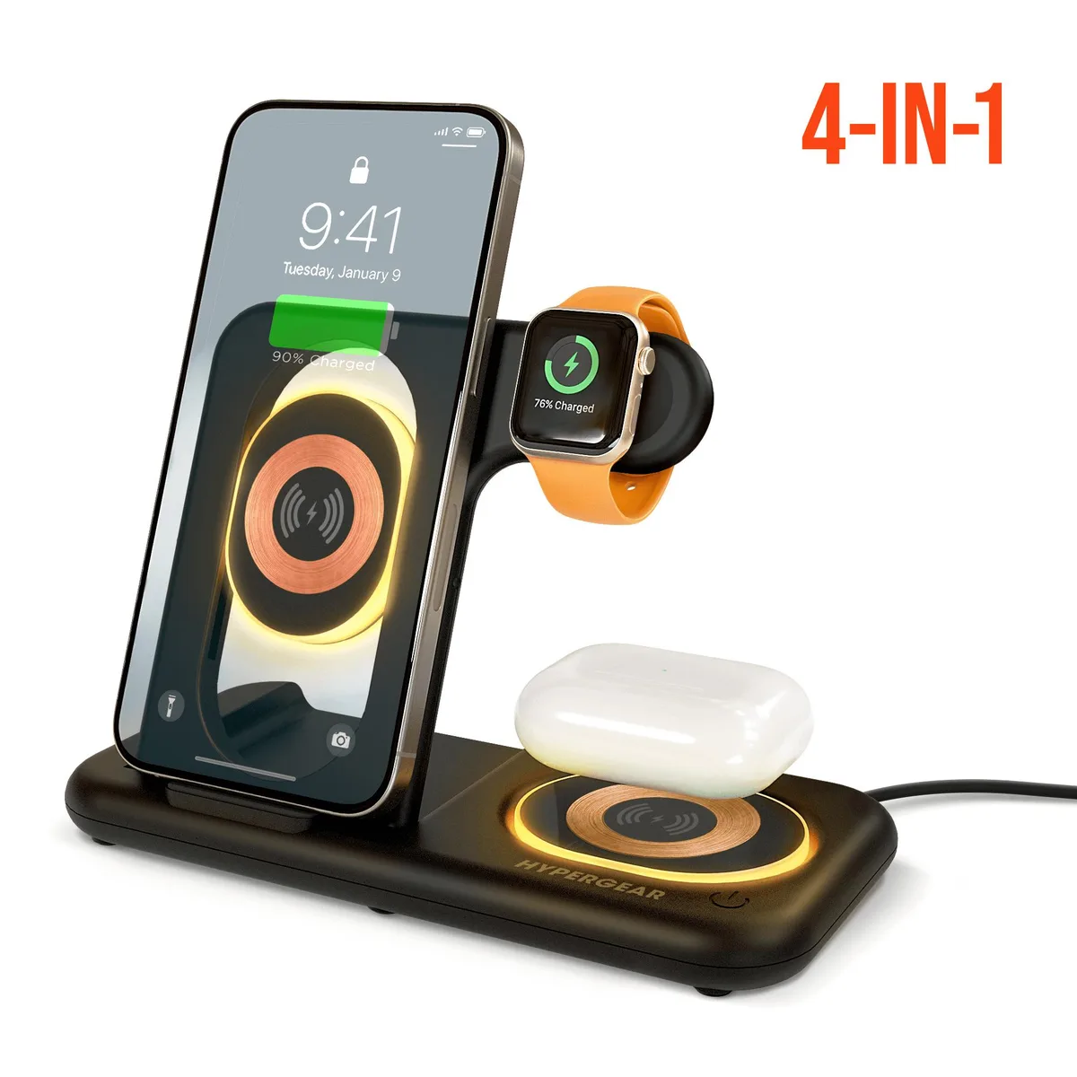 Black foldable wireless charging stand with adjustable phone coil, Apple Watch mount, AirPods pad and USB port