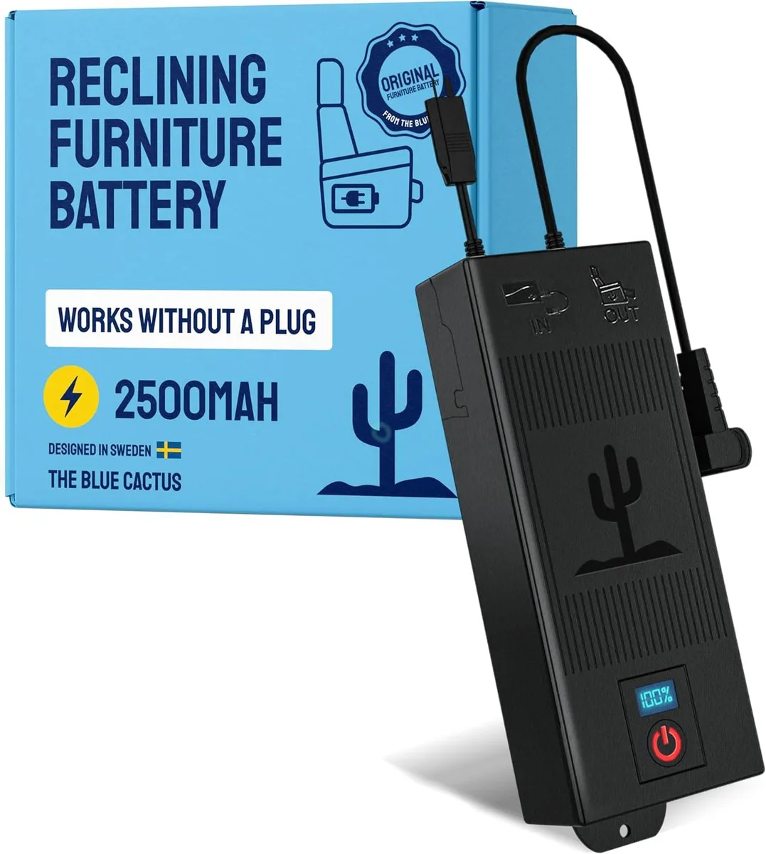 Black rectangular battery pack with LCD screen and two-pin connector
