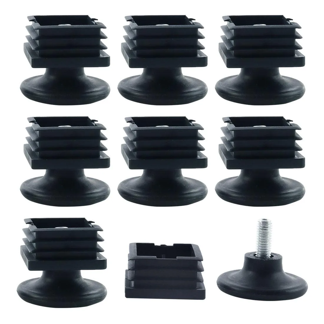 Eight sets of black plastic square tube inserts with threaded adjustable feet, 38mm