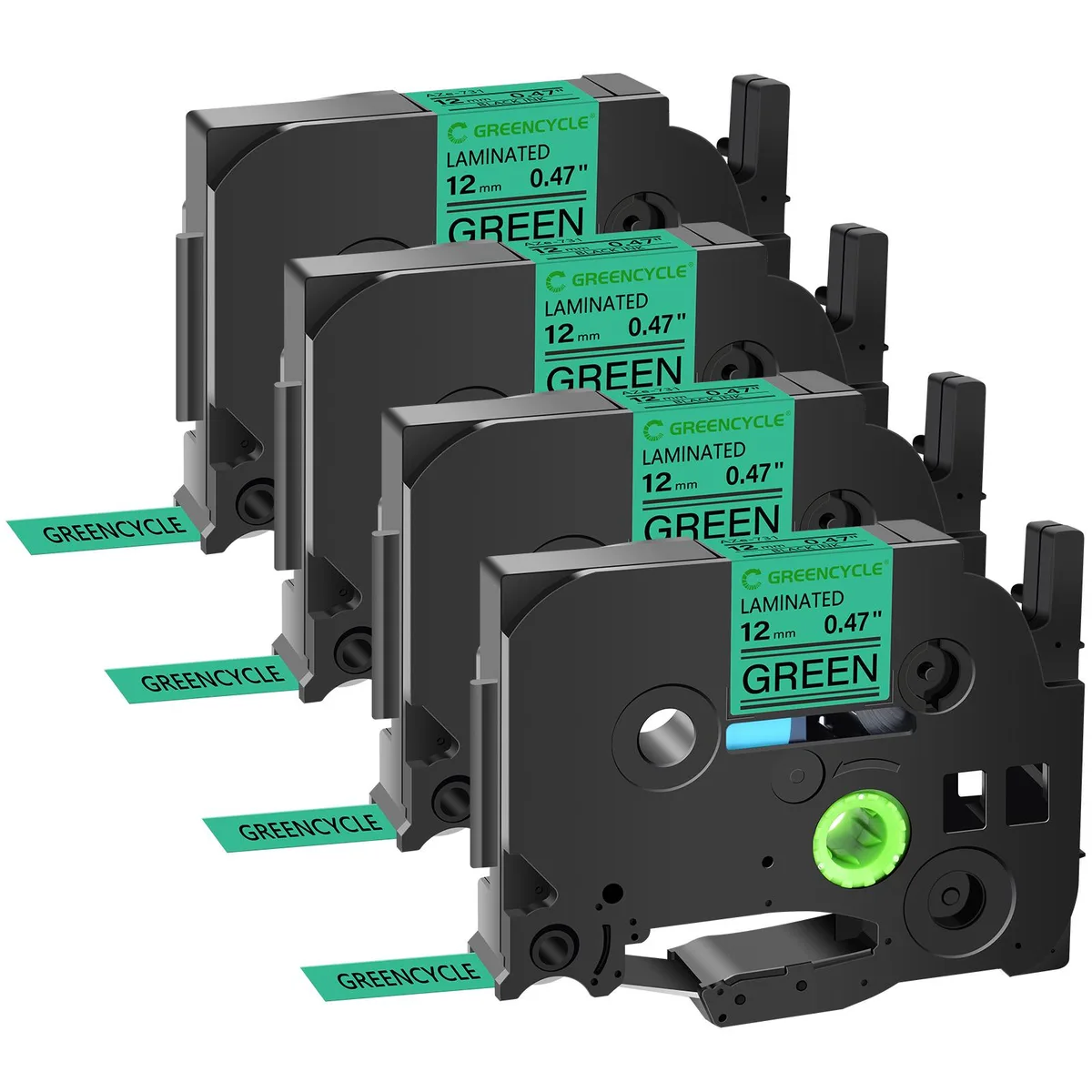 GREENCYCLE GREENCYCLE TZe-731 12mm Black on Green Laminated Label Tape 4 Pack — product photo