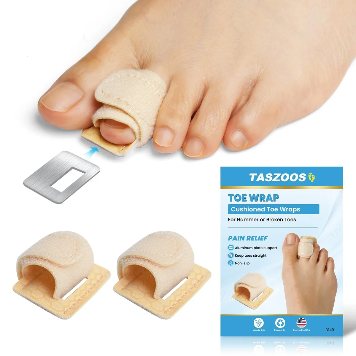 Two beige fabric toe splints with adjustable straps and aluminum support plates