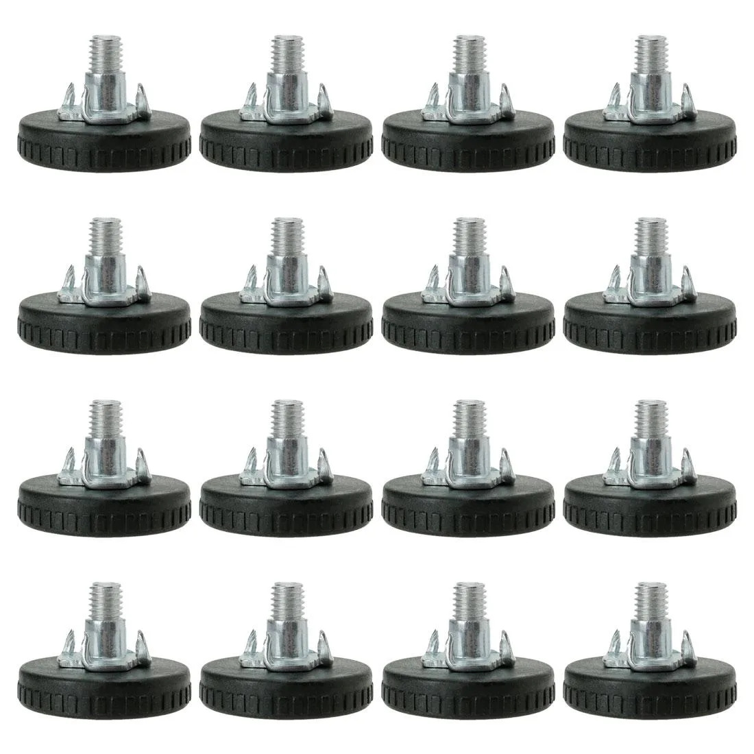 Sixteen M8 threaded leveling feet with plastic bases and T-nuts