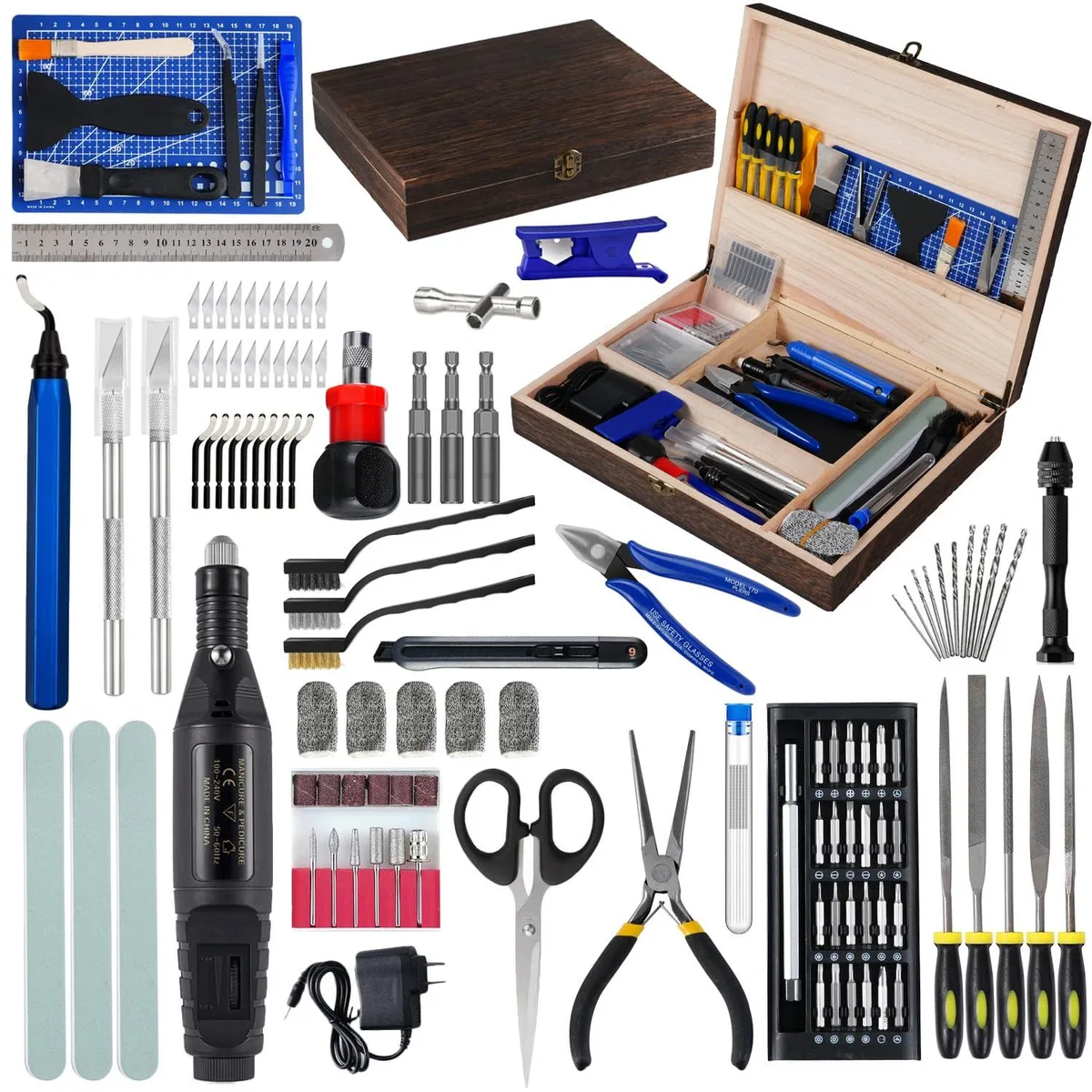 Wooden toolbox open, revealing 124-piece 3D printer tool kit inside
