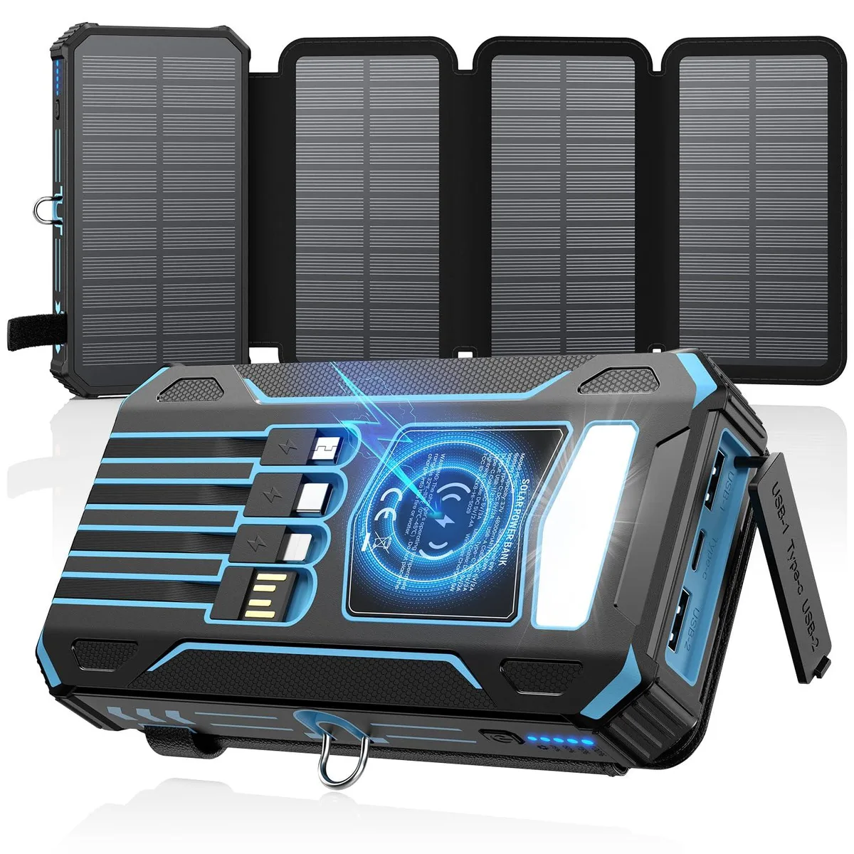 SOARAISE HI-S029 48000mAh power bank 4 solar panels 4 cables wireless charging Blue — product photo