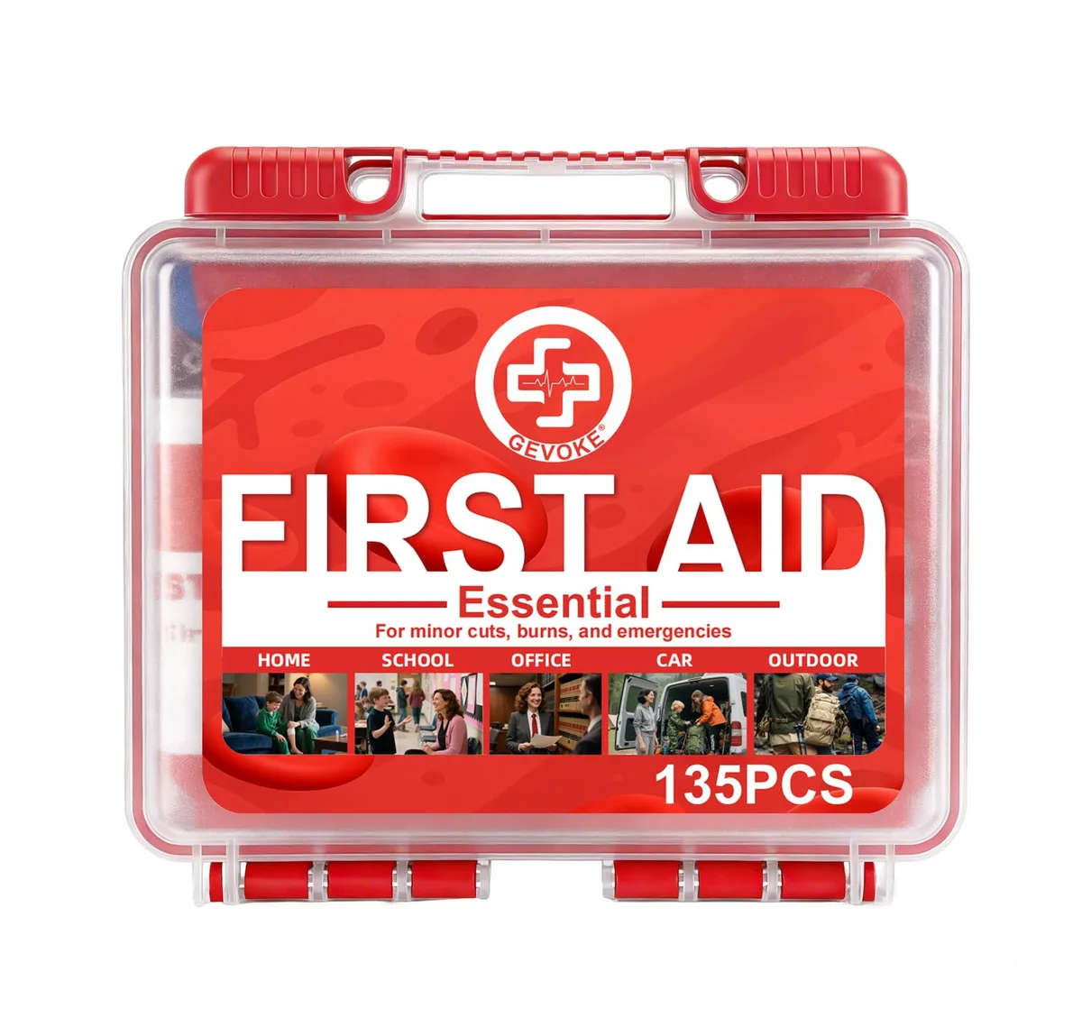 Small red plastic first aid case, 135 pieces inside