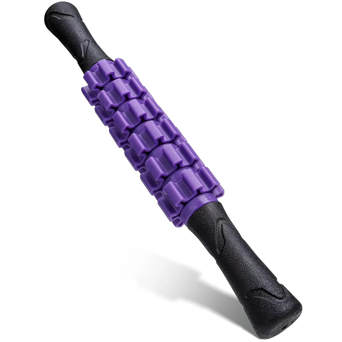 Purple plastic massage stick with six independent rolling pins, lightweight handheld design