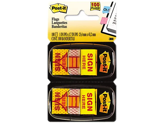 Post-it Post-it 680-SH12 "Sign Here" Flags Yellow 12 Dispensers 50 Flags 1.00" Wide — product photo